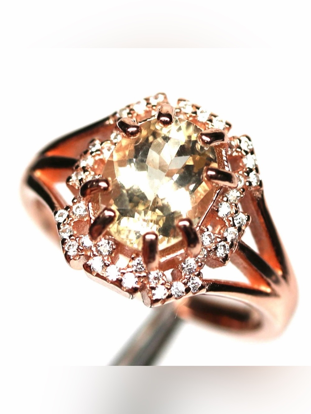 Exquisite Natural Morganite 1.20CT Zircon Halo 18K Rose Gold Overlay Ring Size 6